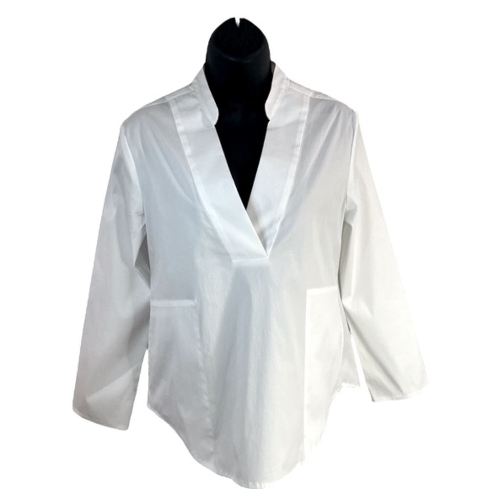 Argent V-neck pullover mock collar 3/4 sleeve curved hem comfy luxe pocket shirt